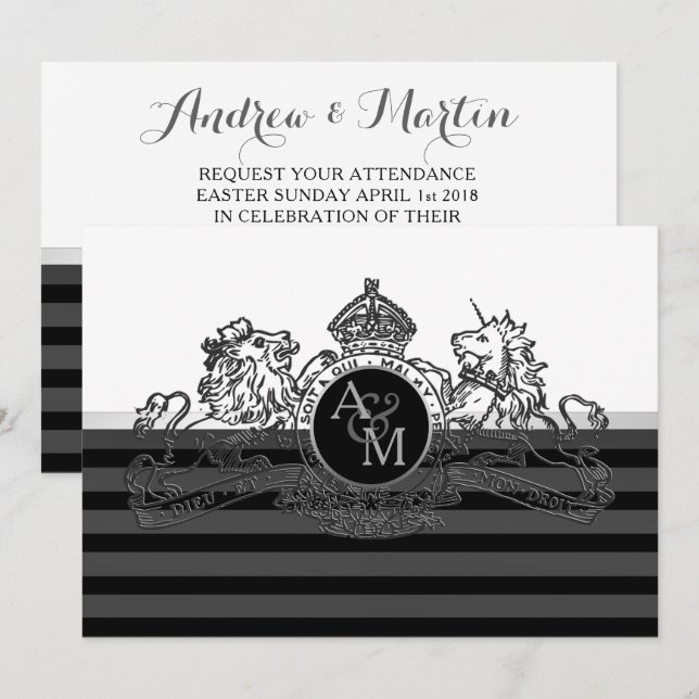 Black Pewter  White Lion Unicorn Emblem Wedding Invitation (Front/Back)