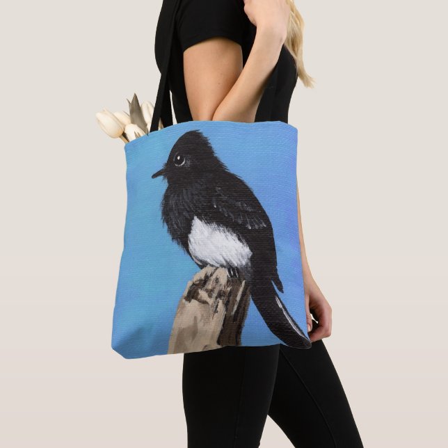 Black Phoebe Bird on Blue Tote Bag (Close Up)
