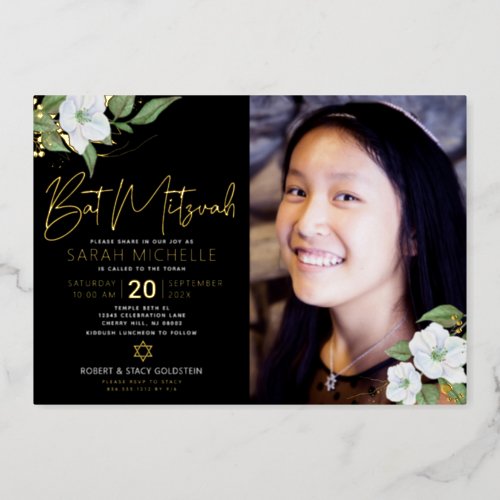 Black Photo Bat Mitzvah Floral Script Real Gold Foil Invitation