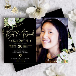 Black Photo Bat Mitzvah Floral Script Real Gold Foil Invitation