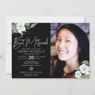 Black Photo Bat Mitzvah Silver Floral Watercolor Invitation