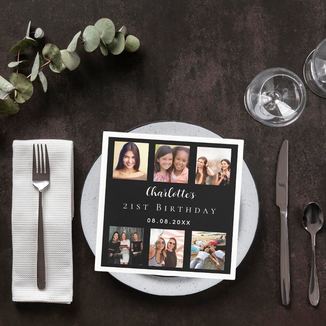 Black photo collage birthday party napkins (Creator Uploaded)