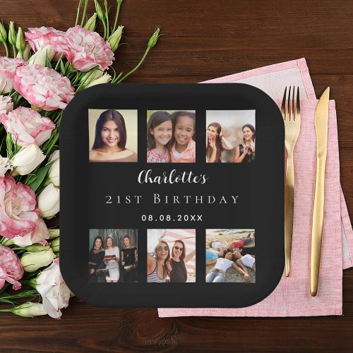 Black photo collage birthday party paper plates