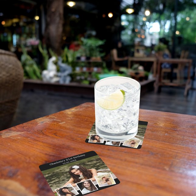 Black photo collage birthday party square paper coaster (Creator Uploaded)