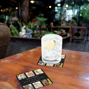 Black photo collage birthday party square paper coaster