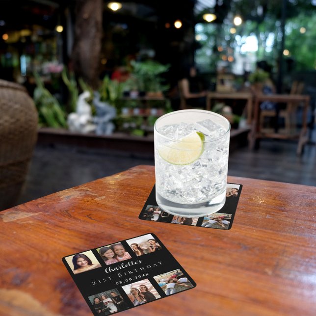 Black photo collage birthday party square paper coaster (Creator Uploaded)