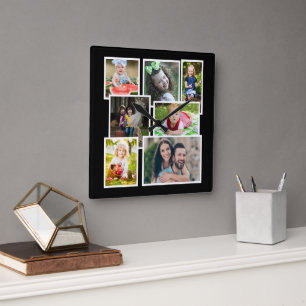 Black Photo Collage Family Keepsake Square Wall Clock