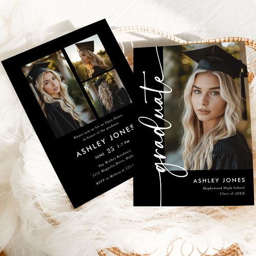 Black Photo Collage Graduate Graduation Party Invitation