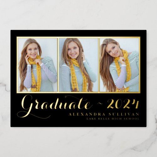 Black Photo Collage Graduation Gold Foil Invitation