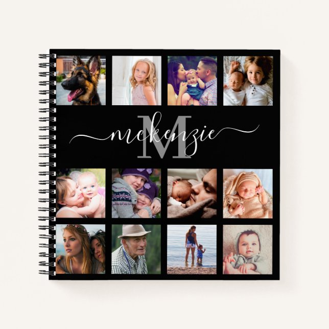Black Photo Collage Monogram Name Notebook (Front)