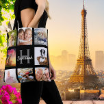 Black photo collage monogram name tote bag<br><div class="desc">A unique gift for a birthday, Christmas, mother's day, celebrating her life with a collage of 8 of your own photos, pictures. Personalize and add her name and monogram letter. A stylish black background. The name is written with a modern hand lettered style script. Can also be used great treat...</div>