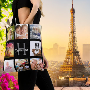 Black photo collage monogram name tote bag