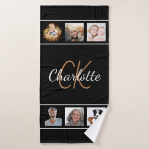 Black photo collage monogram script bath towel