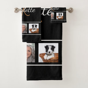 Black photo collage monogram script bath towel set