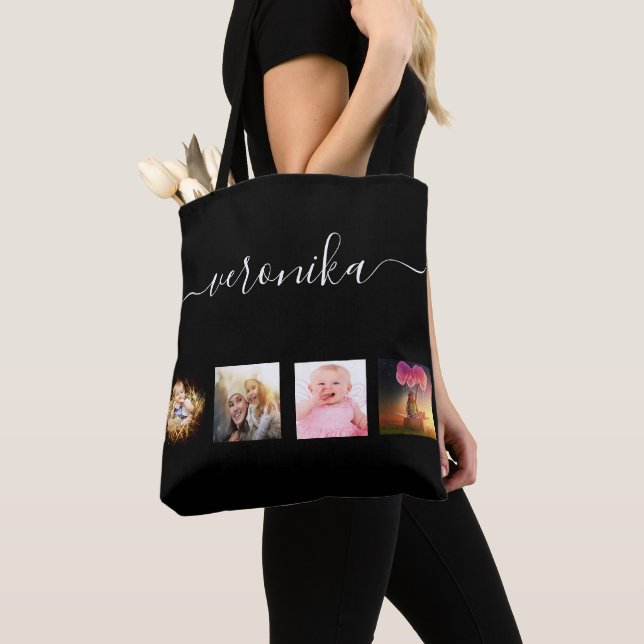 Black photo collage name script tote bag (Close Up)