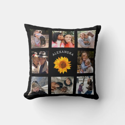 Black Photo Collage  Rustic Sunflower Throw Pillow