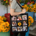 Black Photo Collage | Rustic Sunflower Tote Bag<br><div class="desc">Add up to 8 pictures to this photo collage of your favorite people on this diy tote bag. A rustic golden yellow sunflower is in the middle and a template for your name too. A wonderful gift idea for the family,  grandparents and friends.</div>