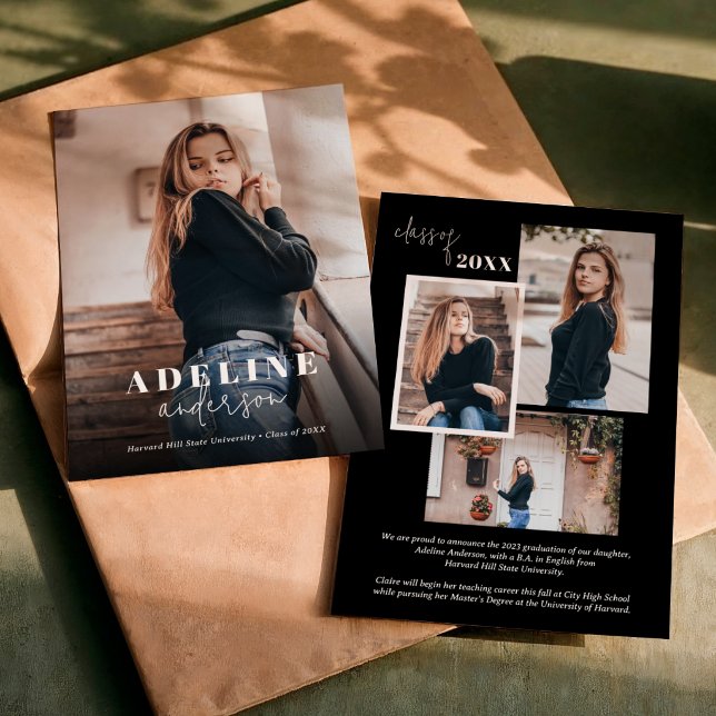 Black Photo Collage Stylish Script Graduation Announcement (Creator Uploaded)