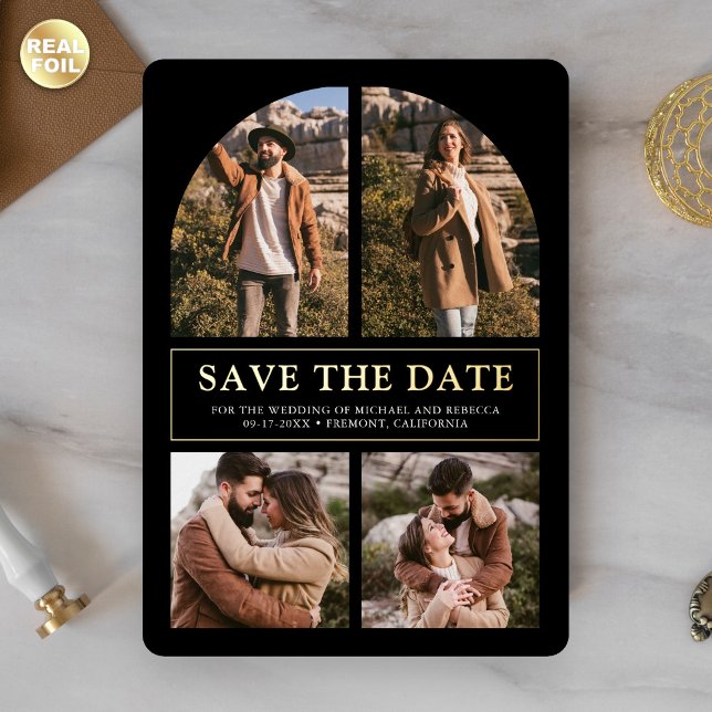 Black Photo Collage Wedding Save the Date Gold Foil Invitation (Creator Uploaded)