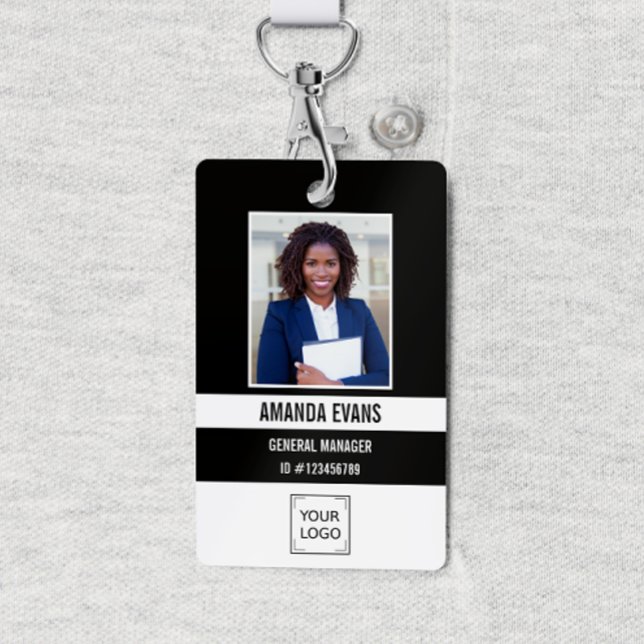Black | Photo Employee Logo or QR CODE Security Badge (Black and WHITE CORPORATE LOGO IDENTIFICATION BADGE WITH PHOTO FOR EMPLOYEE. )
