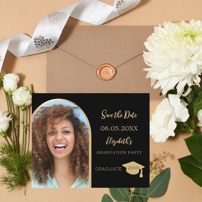 Black photo Graduation Party Save the Date card (Creator Uploaded)