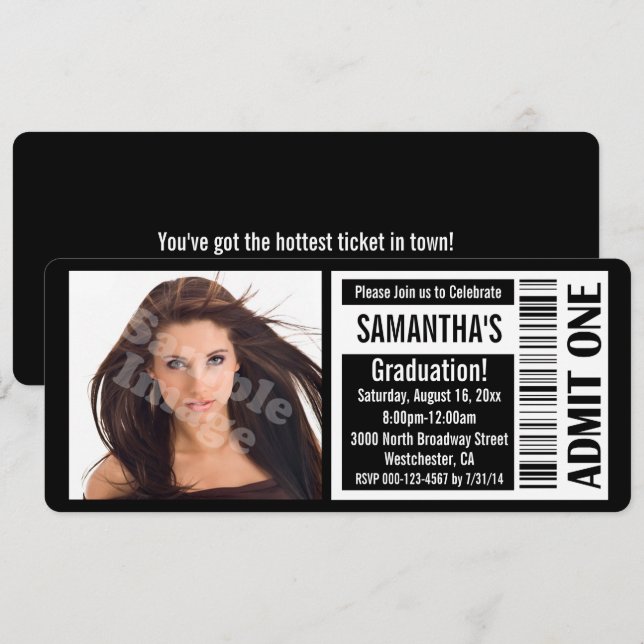 Black Photo Graduation Party Ticket Invitations (Front/Back)