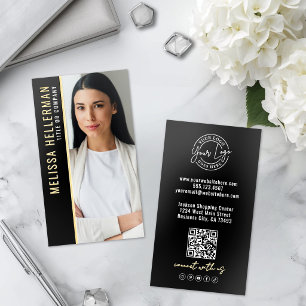 Black Photo Logo QR Code Vertical Gold Foil Business Cards