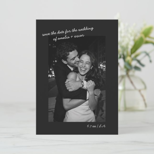 Black Photo Minimalist Modern Wedding Dark Script Save The Date (Standing Front)