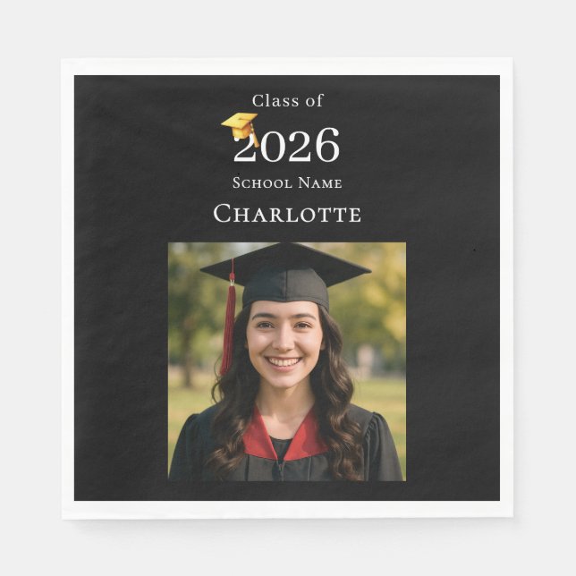 Black photo modern Graduation Party luncheon Napkins (Front)