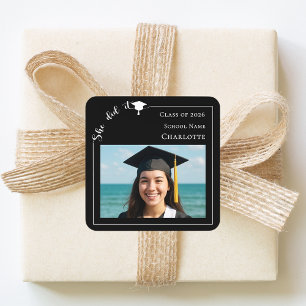 Black photo modern She Did it Graduation Party Square Sticker