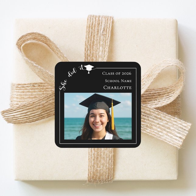 Black photo modern She Did it Graduation Party Square Sticker (Creator Uploaded)