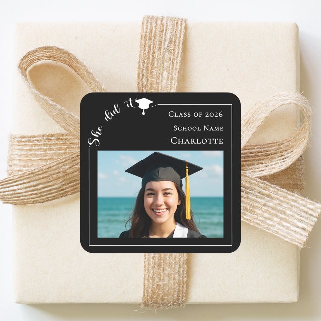 Black photo modern She Did it Graduation Party Square Sticker (Creator Uploaded)