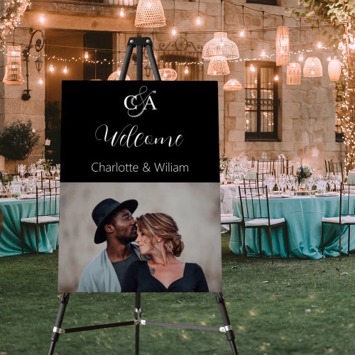 Black photo monogram wedding welcome sign