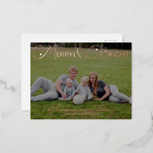 Black Photo Overlay Merry Bright Rose Gold Foil Holiday Postcard