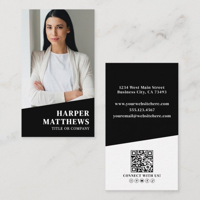 Black Photo QR Code Vertical Business Card (Front/Back)