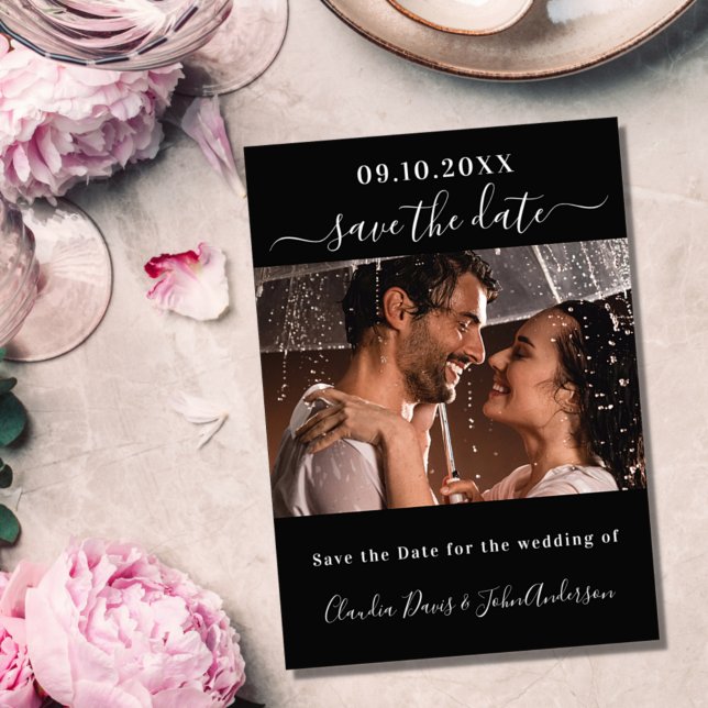 Black photo script wedding save the date magnet (Creator Uploaded)