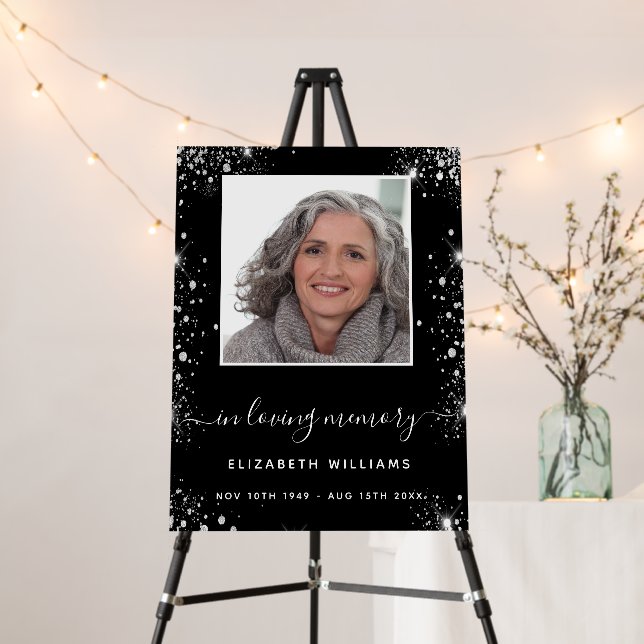 Black photo silver glitter memorial funeral foam board (In Situ (Stand))