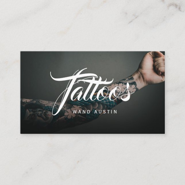 black photo tattoos script typography business card (Front)