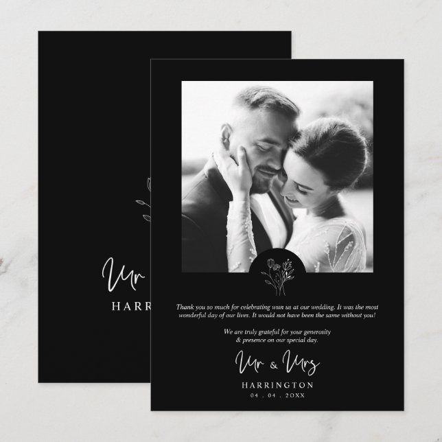 Black Photo Typography MR & MRS Wedding Bouquet  Thank You Card (Front/Back)