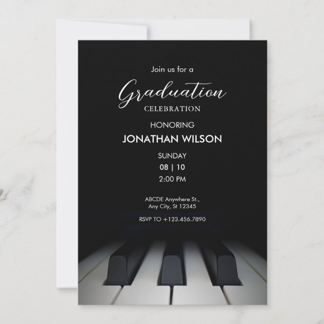 Black piano music graduation invitation (Front)