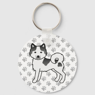 Black Piebald Alaskan Malamute Cartoon Dog & Paws Keychain