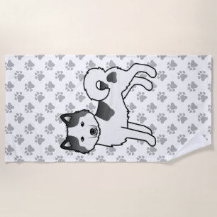 Black Piebald Alaskan Malamute Cute Cartoon Dog Beach Towel