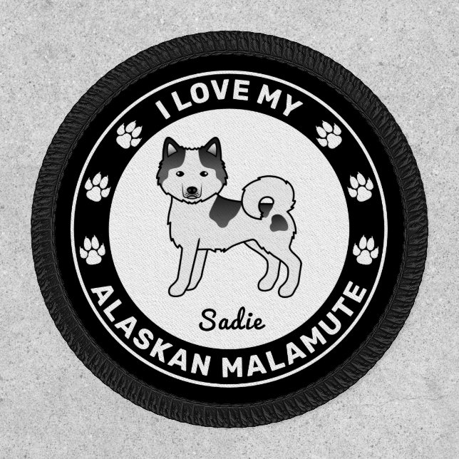 Black Piebald Alaskan Malamute Cute Cartoon Dog Patch (Front)