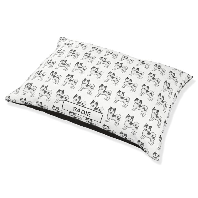 Black Piebald Alaskan Malamute Dog Pattern & Name Pet Bed (Angled)