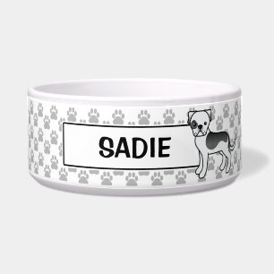 Black Piebald American Bulldog With Pet's Name Bowl
