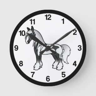 Black Piebald Cartoon Gypsy Vanner Shire Horse Round Clock