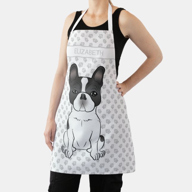 Black Piebald French Bulldog / Frenchie Dog & Name Apron (Insitu)