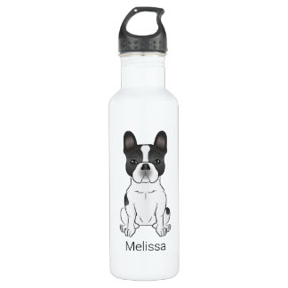 Black Piebald French Bulldog / Frenchie Dog &amp; Name Stainless Steel Water Bottle