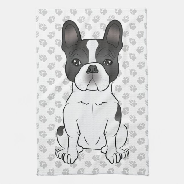 Black Piebald French Bulldog / Frenchie Dog & Paws Kitchen Towel (Vertical)