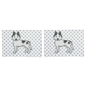 Black Piebald Siberian Husky Cartoon Dog And Paws Pillow Case